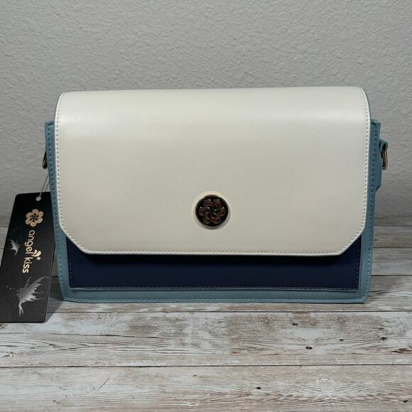 Angel Kiss Purse 10" Blue Leather Structured Colorblock Crossbody Shoulder Strap - Picture 1 of 11